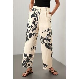 CAROLINA K Off-White Black Floral Abstract Design Zai Button Fly Trousers Size S